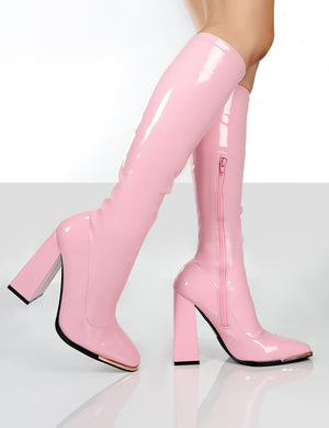 Caryn Pink Pu Knee High Heeled Boots