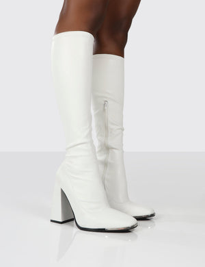 Caryn White PU White Heeled Knee High Boots