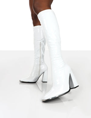 Caryn White Patent Wide Fit Knee High Block Heeled Boots