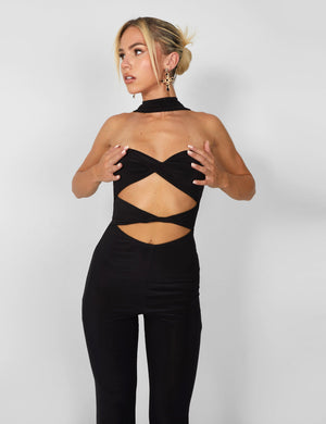 Kaiia Slinky Choker Cut Out Jumpsuit in Black