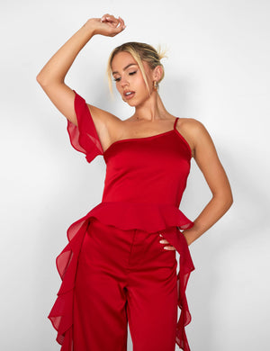 Kaiia Chiffon Ruffle Cami Top in Red