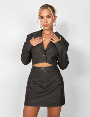 Kaiia Distressed Leather Look Pocket Detail Mini Skirt Co-ord in Brown