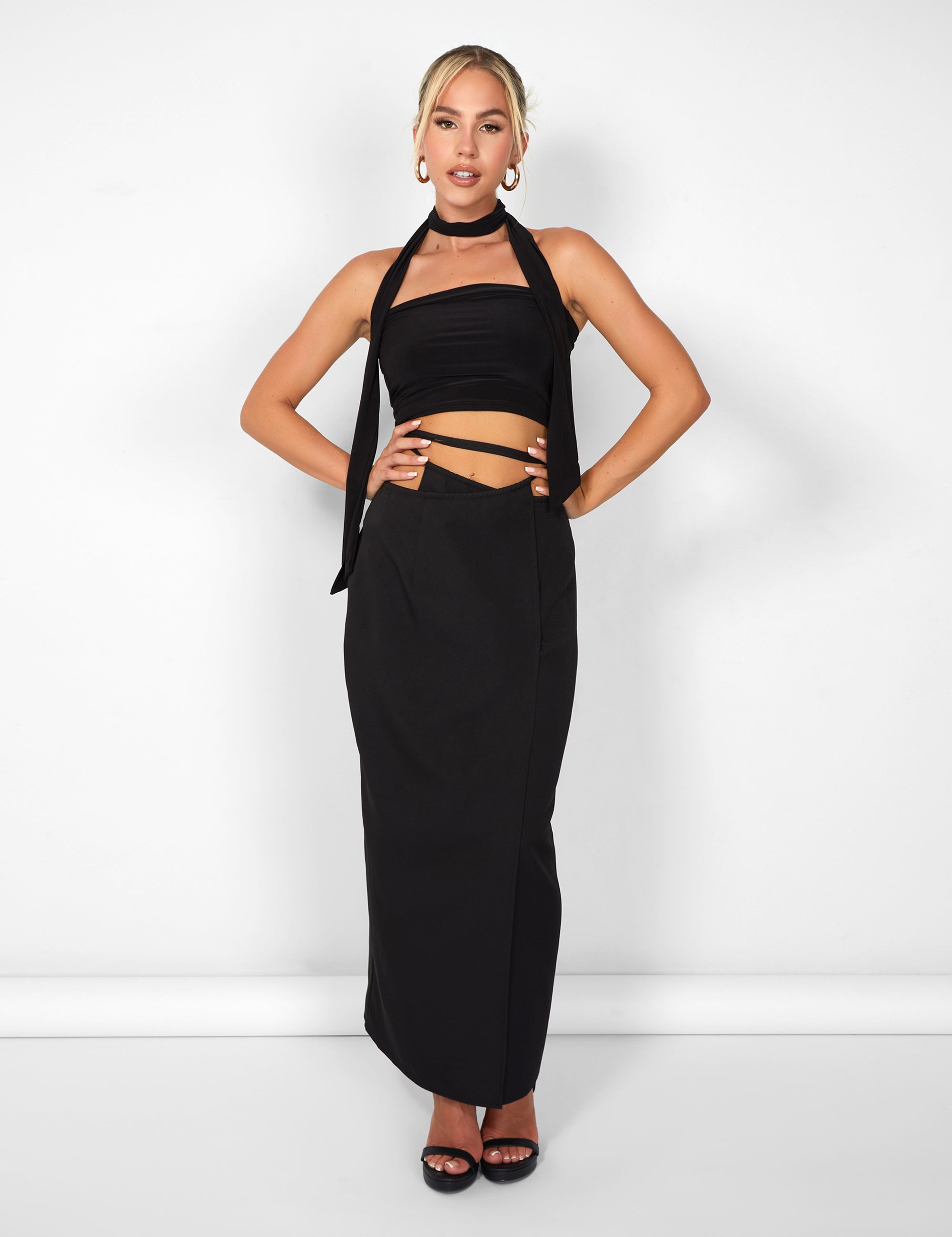 Kaiia Wrap Tie Side Maxi Skirt in Black