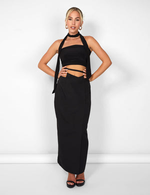 Kaiia Wrap Tie Side Maxi Skirt in Black