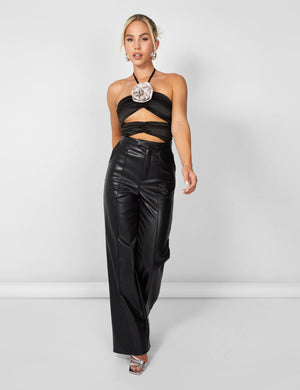 Kaiia Satin Removeable Corsage Halterneck Body in Black