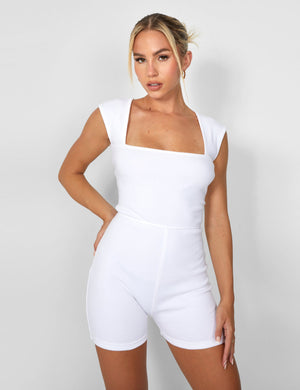 Square Neck Ribbed Playsuit White