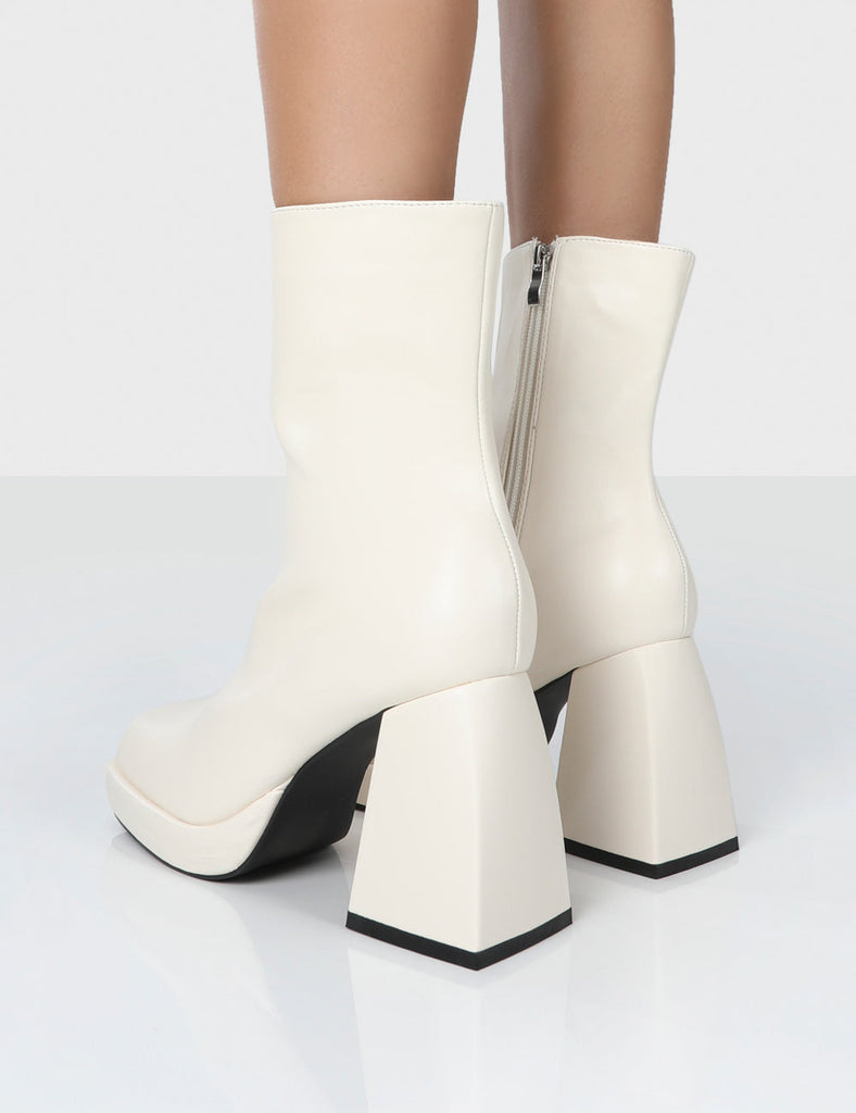 Clover Ecru Pu Chunky Heel Ankle Boots | Public Desire