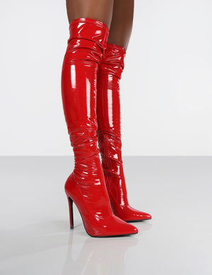 Confidence Red Patent Stiletto Heeled Over The Knee PU Boots - US 7 / UK 5 / EU 38 Public Desire