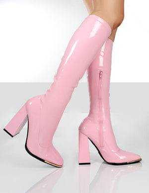 Caryn Pink Pu Knee High Heeled Boots