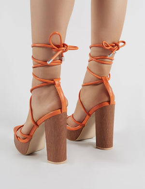 Strut Lace Up Block Heels in Orange PU