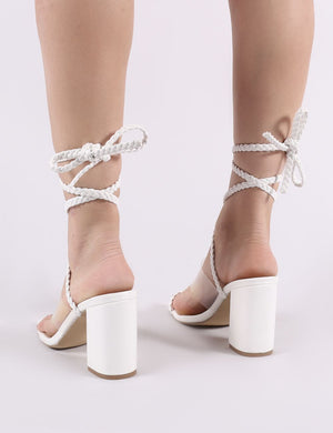 Mia Lace Up Block Heeled Sandals in White PU