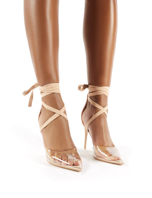 Devote Nude Faux Suede Clear Perspex Lace Up Stiletto Heels