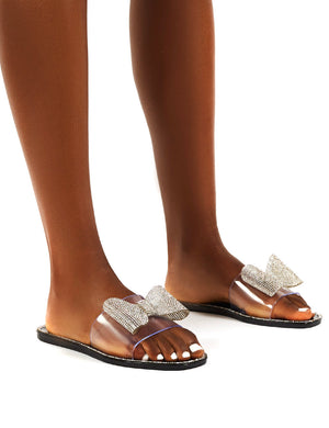 Bobbie Black Clear Perspex Diamante Detail Bow Flat Sandals