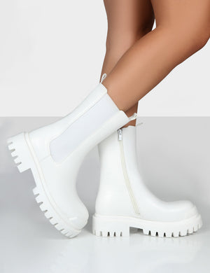 Ebene White PU Chunky Sole Chelsea Ankle Boots