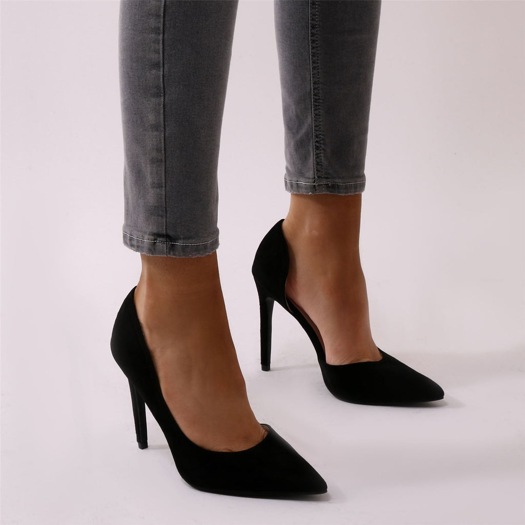 Tipsy Cut Out Court Heels in Black Faux Suede | Public Desire