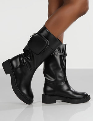 Evoke Black Pocket Detail Calf Height Boot