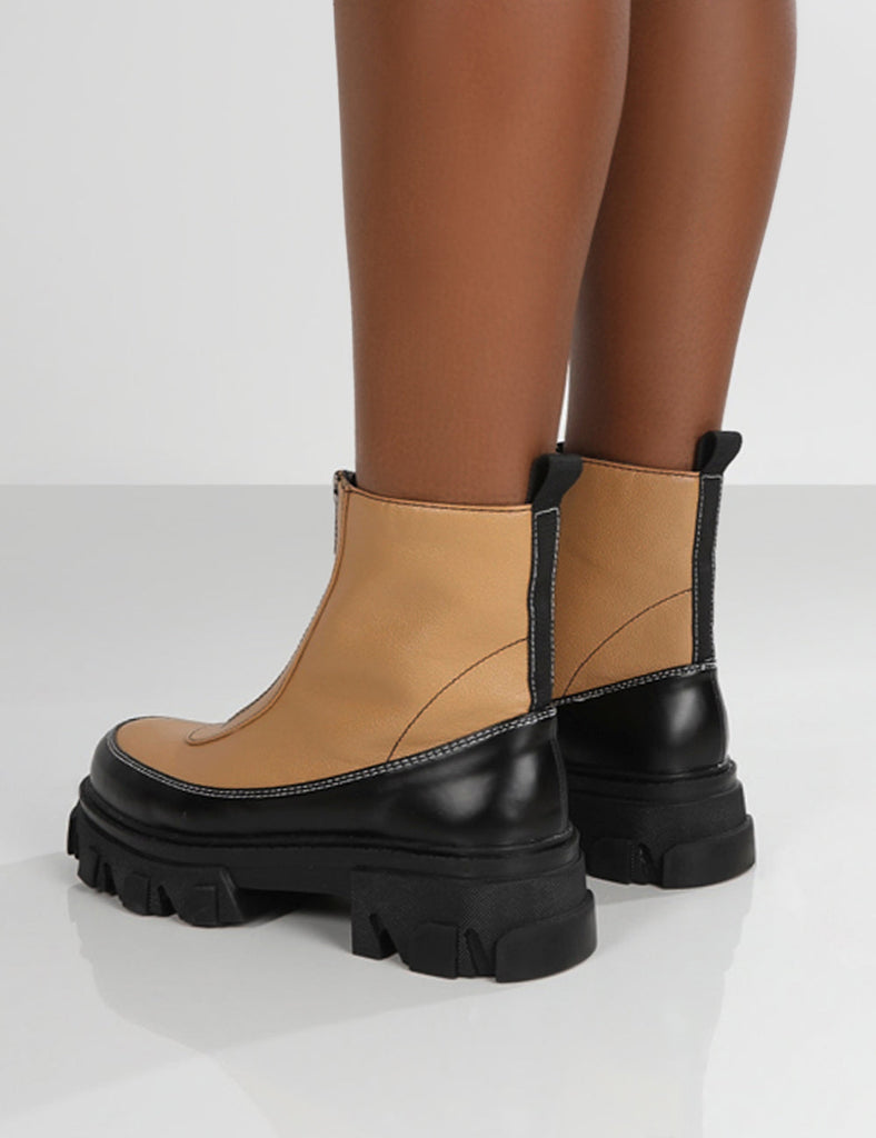 Direction Tan Pu Zip Front Chunky Sole Ankle Boot | Public Desire