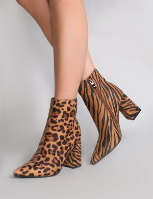 Chaos Contrast Pointed Toe Ankle Boots in Leopard and Tiger Print