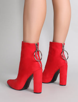 Fleek Metal Ring Ankle Boots in Red Faux Suede