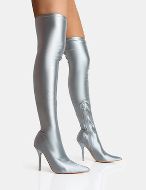 INSTINCT SILVER LYCRA POINTED TOE STILETTO THIGH HIGH BOOTS