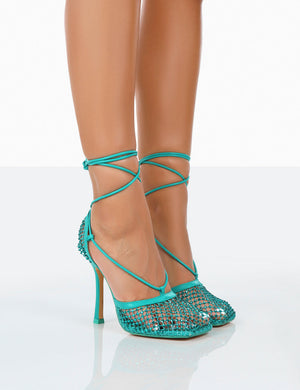 Longshot Turquoise Blue Sparkly Diamante Wrap Around Mesh Heels