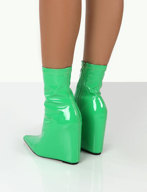 Getaway Green Patent Wedge Ankle Boots