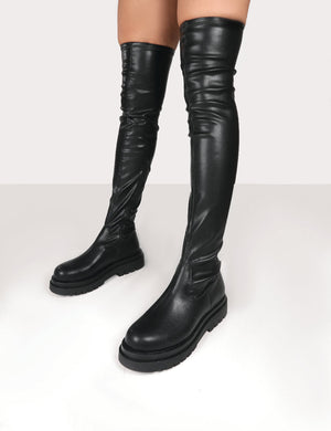 Hayla Black PU Over The Knee Chunky Sole Boots