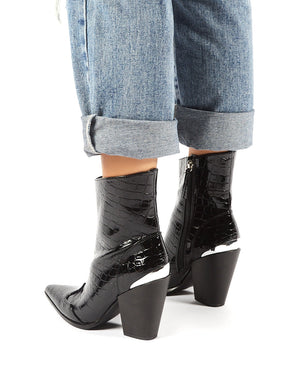 Heidi Black Patent Croc Block Heeled Western Ankle Boots
