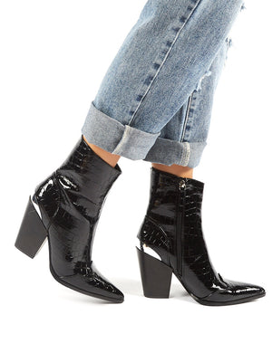 Heidi Black Patent Croc Block Heeled Western Ankle Boots