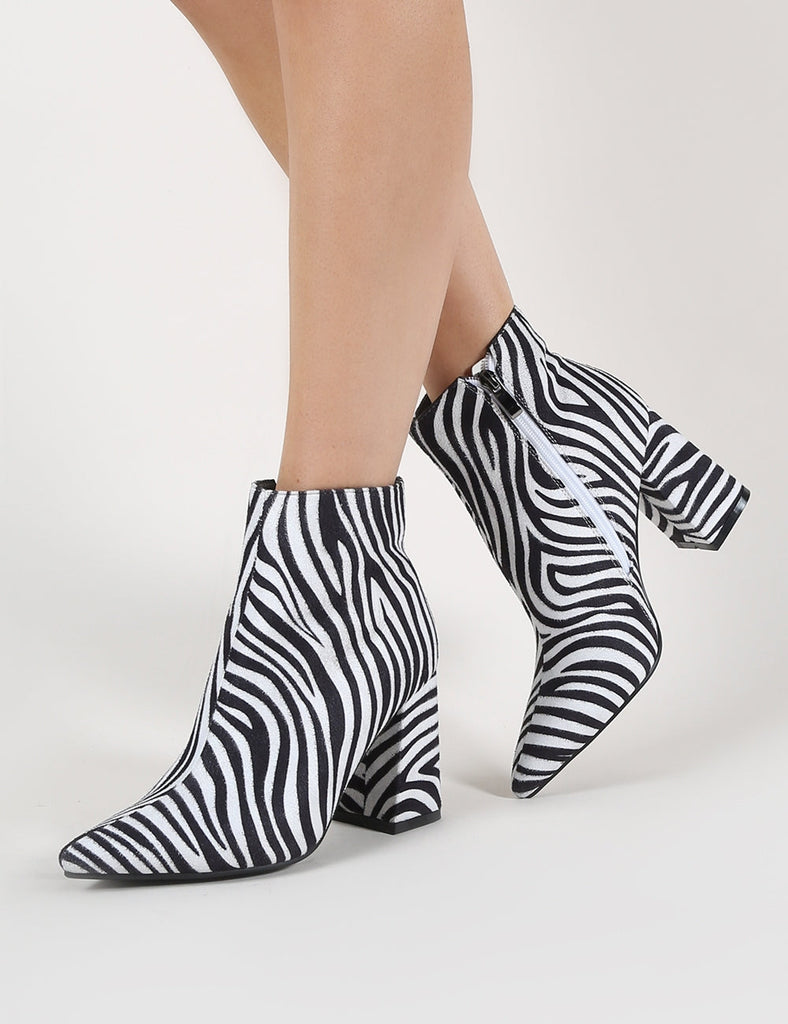 Hollie Pointed Toe Ankle Boots in Zebra Print | Public Desire