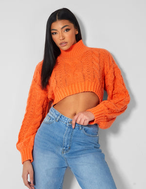 Roll Neck Cropped Cable Knitted Jumper Orange