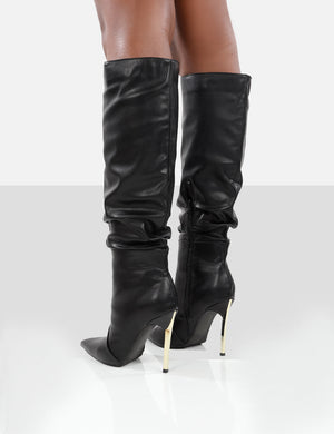 Monica Black PU Pointed Toe Knee High Boots