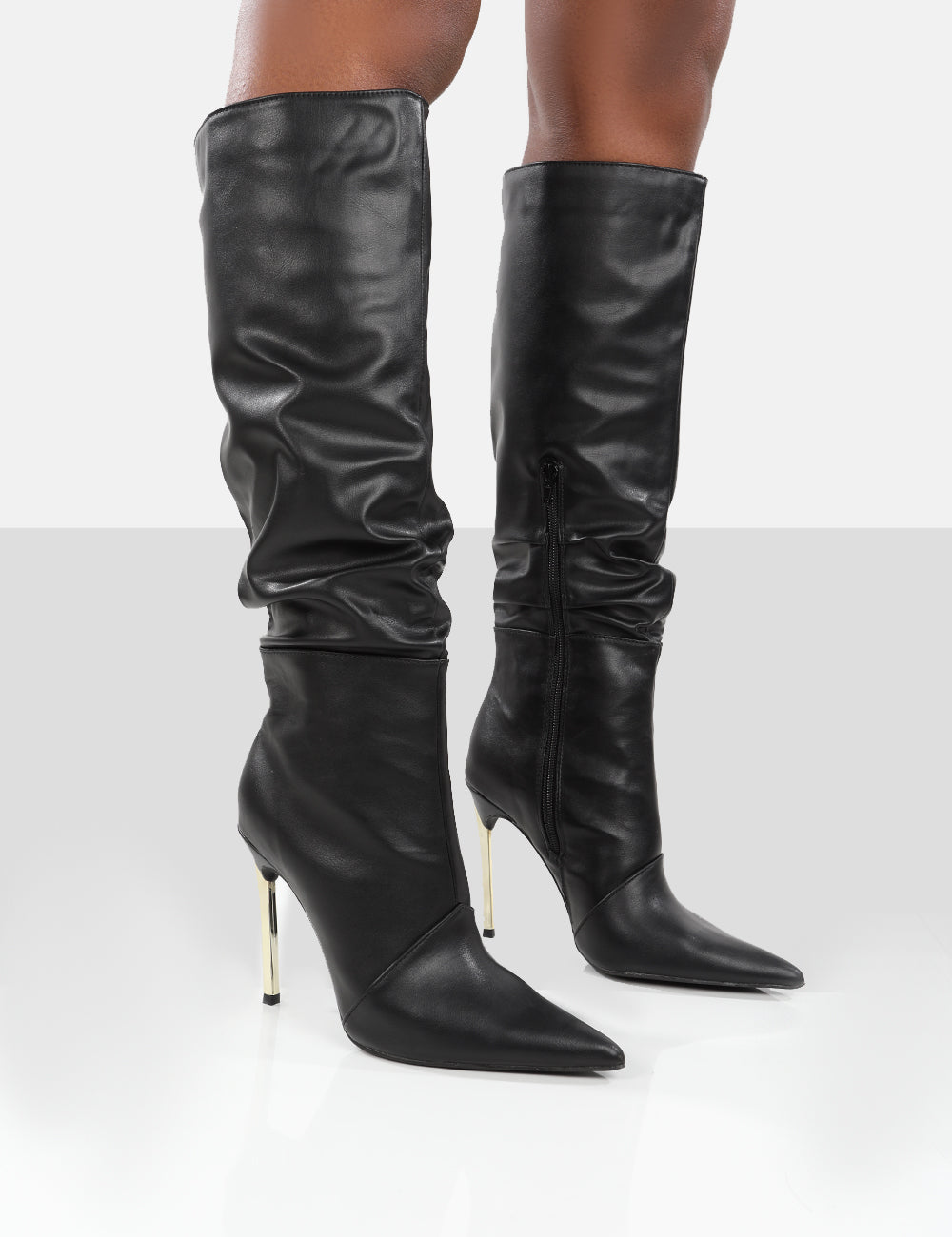 Black Wide Fit Pu Pointed Fold Over Block Heel Knee Boots