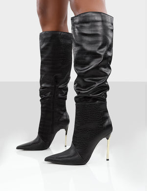 Monica Black Croc Ecru PU Pointed Toe Knee High Boots