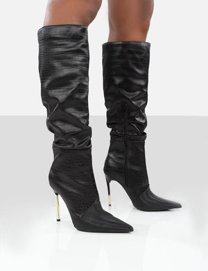 Monica Black Croc Ecru PU Pointed Toe Knee High Boots
