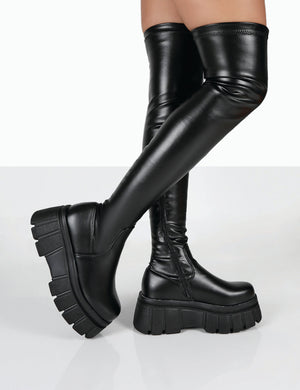 NECESSITY BLACK PU OVER THE KNEE CHUNKY SOLE BOOTS