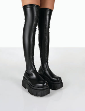 NECESSITY BLACK PU OVER THE KNEE CHUNKY SOLE BOOTS