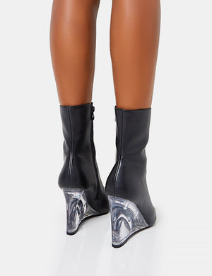 Ohio Black Pu Perspex Wedge Pointed Toe Ankle Boots
