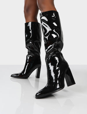 Posie Black Patent Wide Fit Knee High Block Heel Boots
