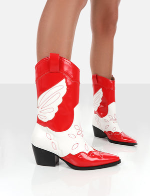 bruge Mart tro Howdy Red Patent Pointed Toe Western Cowboy Ankle Boots | Public Desire