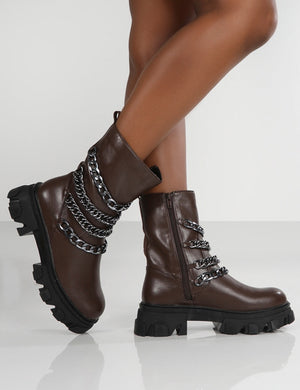 Restrain Chocolate Pu Chain Detail Platform Chunky Sole Ankle Boot