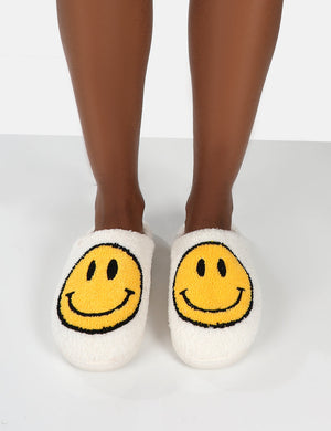 Smile White Printed Smiley Face Slippers