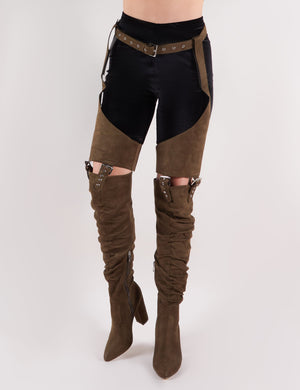 Sterling Belted Over the Knee Boots in Khaki Faux Suede