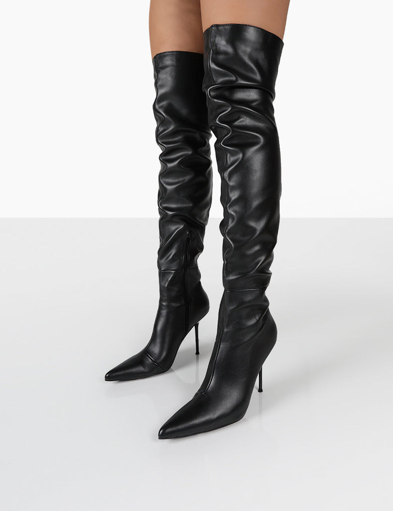 Tianna Black PU Pointed Toe Over The Knee Stiletto Boots | Public Desire